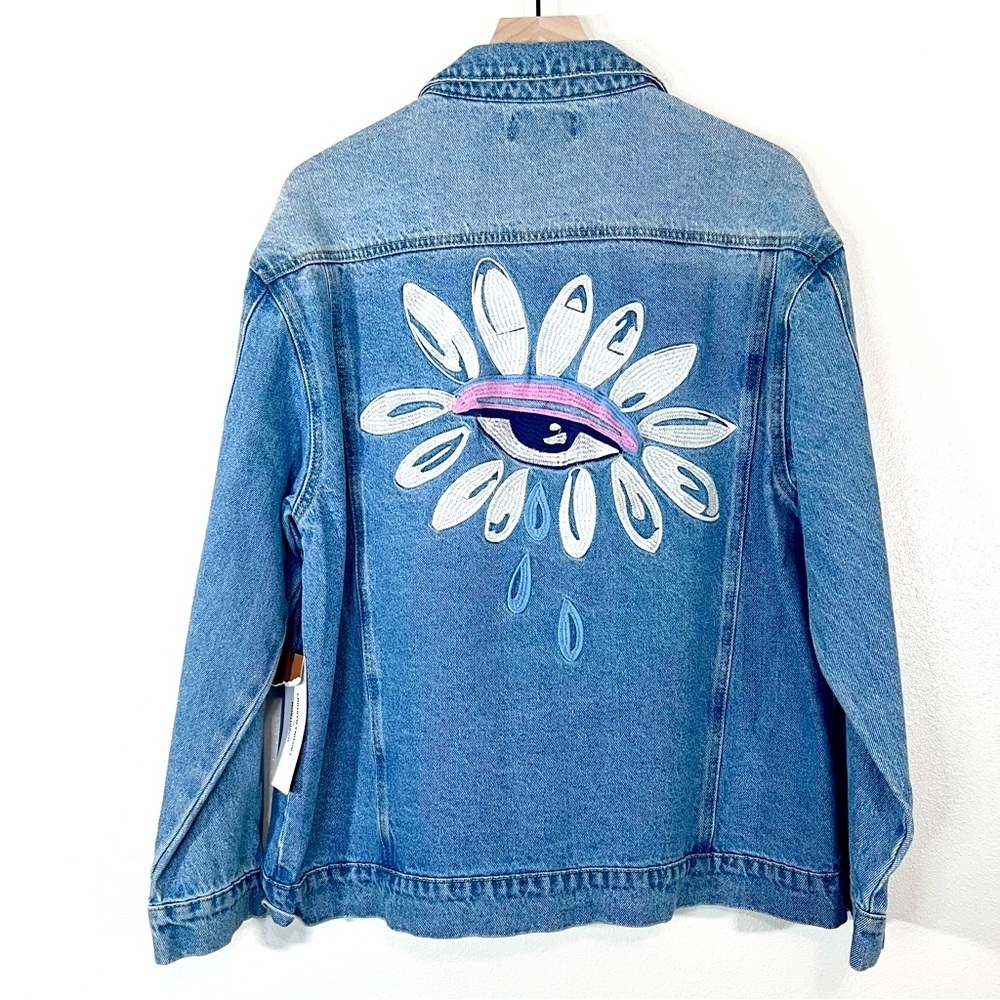 Artistic Blue Denim Jacket with Eye Motif